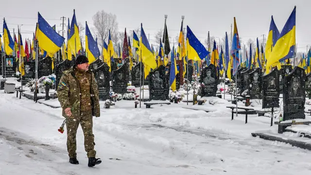 گورستان سربازان اوکراینی در نزدیکی کی‌یف. یک سرباز در حال دیدار از گورستان دیده می‌شود. 