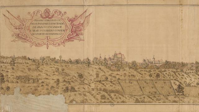 Vista panorâmica de Salvador no século 18, em aquarela de artista desconhecido