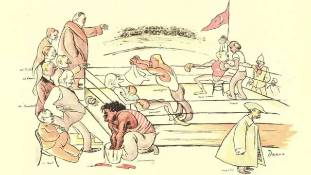 Lozan müzakerelerini tasvir eden karikatür. Boks ringi üzerinde bir tarafta Türkiye, diğer tarafta Yunanistan var. Yunanistan tarafının arkasında Batılı ülke temsilcileri duruyor. Türk tarafının arkasında ise üniformalı üç asker var.