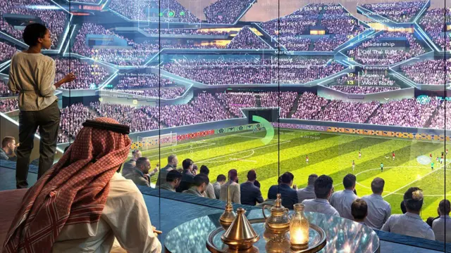 Imagem gerada por computador mostra um homem com roupas tradicionais sauditas e uma mulher com roupas ocidentais, frente a um grande estádio de futebol