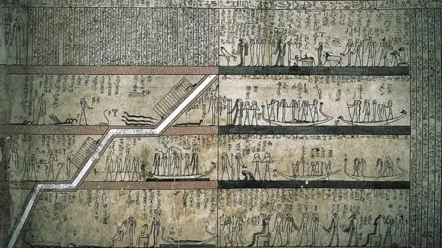 مناظر للرحلة إلى العالم الآخر من مقبرة الملك تحوتمس الثالث، الأسرة الـ 18، في وادي الملوك بمدينة الأقصر