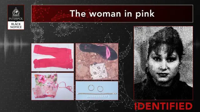 Un cartel con la imagen de Liudmila Zavada, con la leyenda 'La mujer de rosa' escrita encima, y ​​fotografías de prendas de vestir y joyas suyas.
