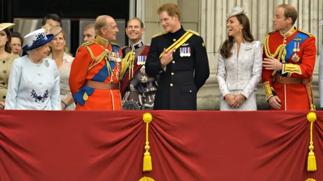 Britain"s Queen Elizabeth, Prince Philip, Prince Harry, Prince William, the Duke of Cambridge and his wife, Catherine, the Duchess of Cambridge share a light moment as they stand on the balcony of Buckingham Palace in the annual Trooping of the Colour ceremony to celebrate the Queen"s official birthday in central London, June 14, 2014