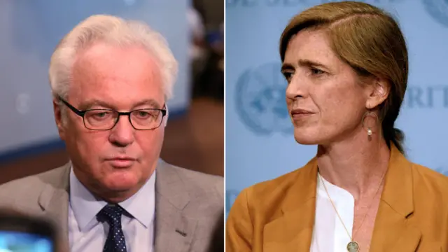 Una foto de los embajadores de Rusia, Vitaly Churkin y de EE.UU., Samantha Power ante la ONU.