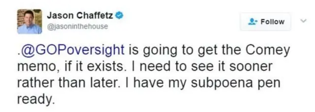 Ông Chaffetz viết trên Twitter