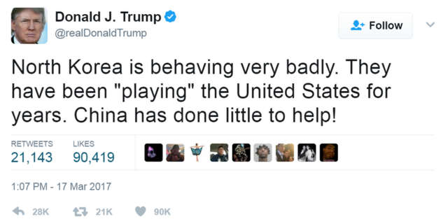Tweet from @realdonaldtrump: "North Korea is behaving very badly. They have been "playing" the United States for years. China has done little to help!"
