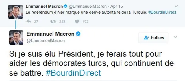 Macron, 16 Nisan'daki referandumdan sonra attığı tweetlerinde, Türkiye'nin otoriterliğe sürüklendiğini belirtti ve "Eğer Cumhurbaşkanı seçilirsem, mücadele etmeye devam eden Türk demokratlara yardım etmek için her şeyi yapacağım" dedi.