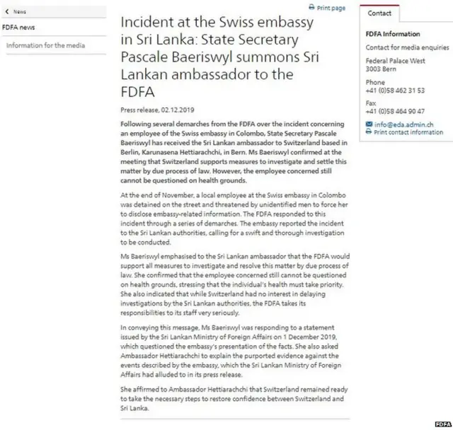 ස්විට්සර්ලන්ත විදේශ අමාත්‍යංශය නිකුත් කළ නිවේදනය