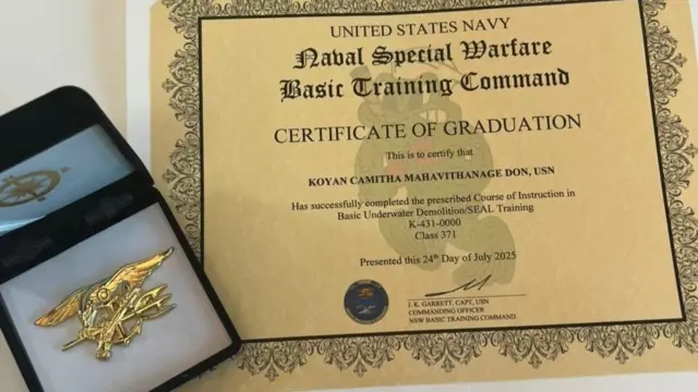 ලුතිනන් කොයාන් චමිත සීල් පුහුණුව සාර්ථකව නිම කිරීමට අදාල සහතික පත්‍රය