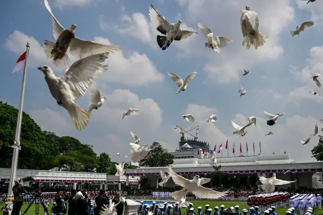 Burung merpati terbang setelah dilepaskan untuk memperingati HUT ke-80 Kemerdekaan Indonesia di Istana Merdeka, Jakarta, pada 17 Agustus 2025.