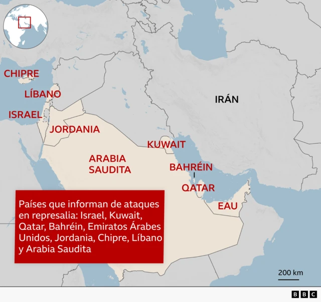 Mapa de los sitios que ha atacado Irán