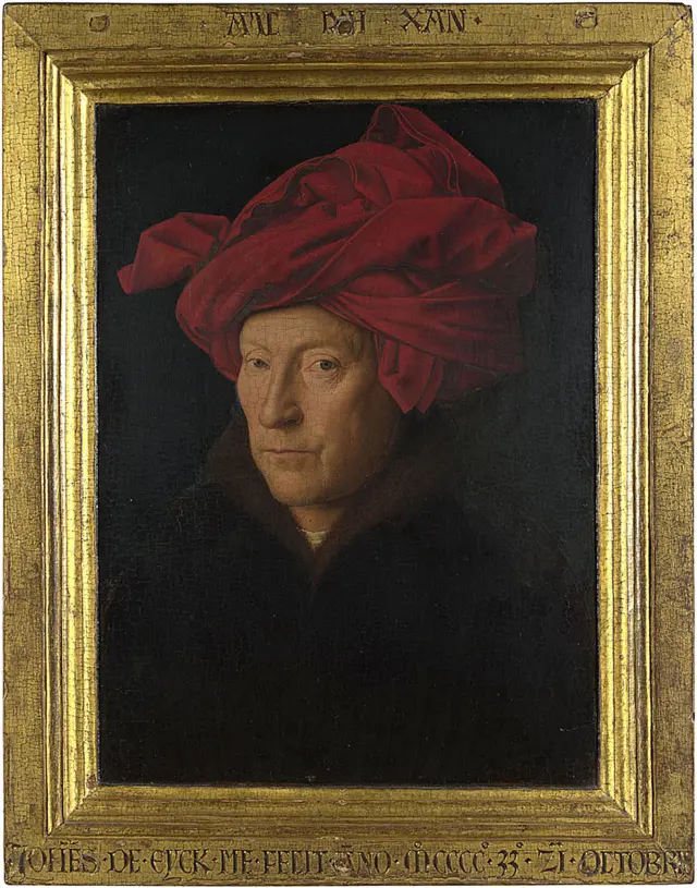 Retrato de un hombre (¿autorretrato?) de Jan van Eyck pintado en 1433, con óleo en roble (26 x 19 cm) © The National Gallery, London NG222