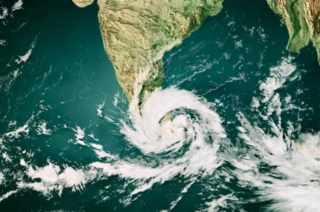 3D Render of a Topographic Map of the Indian Ocean with the clouds from November 27, 2025. Cyclone Ditwah approaching Sri Lanka and Southern India.All source data is in the public domain.Cloud texture: Global Imagery Browse Services (GIBS) courtesy of NASA, VIIRS data courtesy of NOAA.