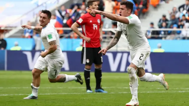 Jose Gimenez exulte après avoir marqué le premier but de son équipe au mondial.