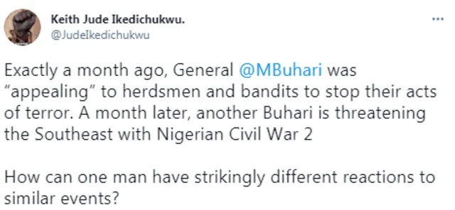 Muhammadu Buhari: Nigerians react to Buhari 'rude shock' threat on rising violence for southeast