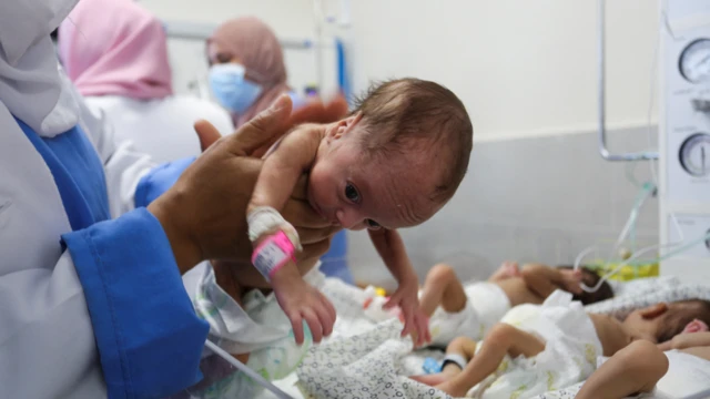 ممرضة تخرج أحد الأطفال الخدج من الحضانة، في مستشفى الشفاء بمدينة غزة، تمهيداً لإجلائهم إلى جنوب قطاع غزة 