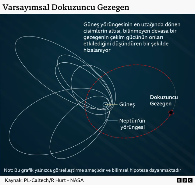 Merkezde Güneş'i temsil eden bir nokta ve hemen çevresinde Neptün'ün dairesel yörüngesini gösteren bir grafik.
Beyaz renkte, çok daha büyük altı eliptik yörünge, bir uçta Neptün'e yaklaşırken diğer uçta Neptün'ün çok ötesine uzanıyor. Varsayımsal Dokuzuncu Gezegen'in yörüngesi, altı beyaz yörüngenin yollarını kesen ancak Neptün'den görece uzak kalan, kırmızı noktalı bir çizgiyle gösteriliyor.