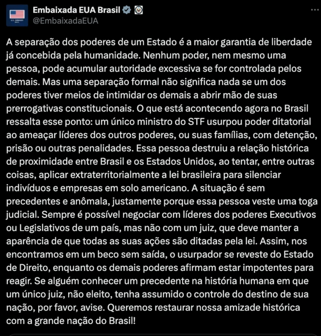 Publicação da Embaixada dos EUA no X
