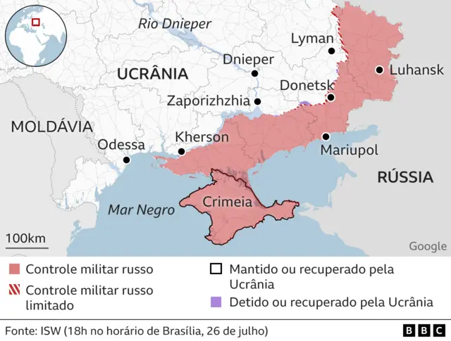 mapa mostra controle militar russo e ucraniano