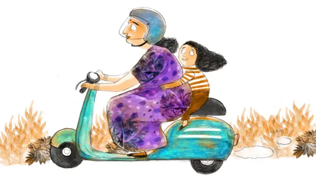 Woman in nightie riding a scooter with her child