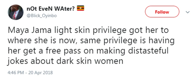 한 트위터 이용자는 자마의 성공은 "밝은 피부 때문이기도 하다"고 말했다