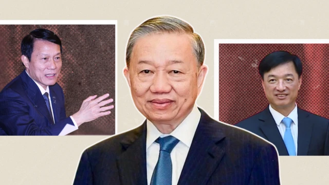 Ảnh thiết kế: ông Tô Lâm ở vị trí trung tâm, ông Lương Tam Quang bên trái, và ông Nguyễn Duy Ngọc bên phải