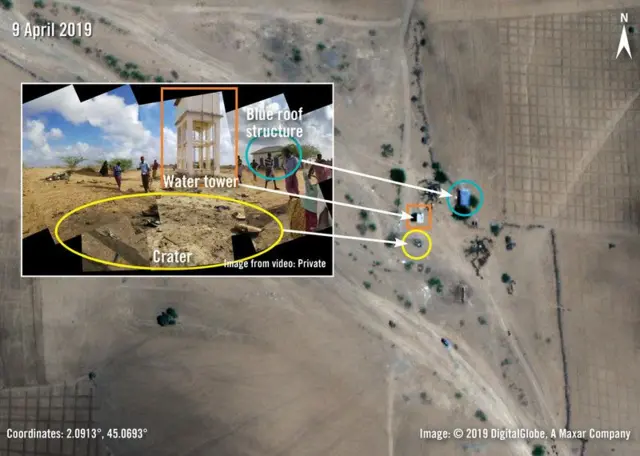 Sawirkan wuxuu muujinayaa goob duqeyn cirka ah lagu beegsaday gudaha Soomaaliya, 9-kii Abriil, 2019kii. 