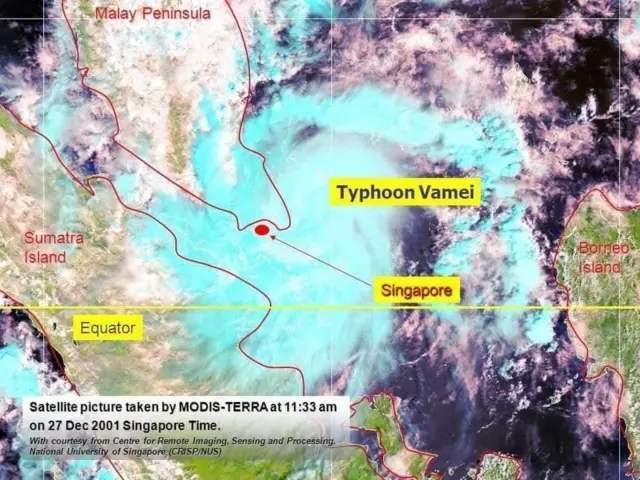 Ilustrasi siklon tropis Vamei yang terjadi di dekat Singapura pada 2001. 