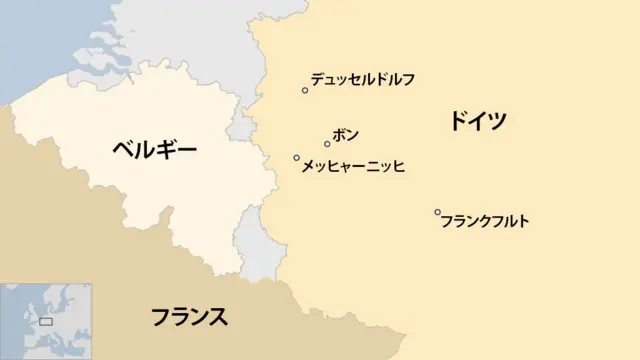 ドイツ西部メッヒャーニッヒの場所を示した地図。ドイツ西部のデュッセルドルフ、ボン、フランクフルトといった主要都市のほか、同国が西側の国境を接しているフランスとベルギーも示されている