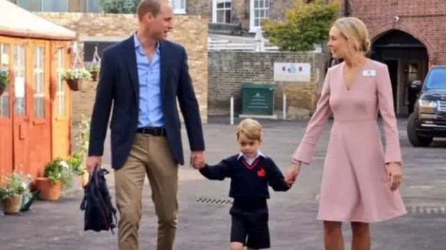 Prince William and Prince George were greeted by head of lower school Helen Haslem