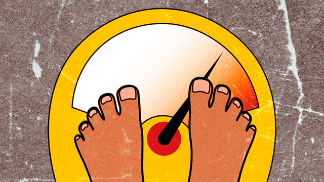 Illustration showing a pair of feet on a set of bathroom scales