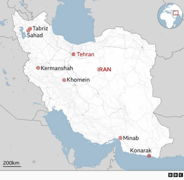 BBC map of Iran showing the locations of confirmed US and Israeli air strikes: Tehran in the north of the country, Tabriz and Sahad in the northwest, Khomein to the south of the capital, Kermanshah in the west near the border with Iraq, Minab and Konarak in the far south. Please put your translation of all words in here for people who are sight impaired.