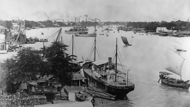Ships on the Chao Phraya River, Bangkok, Thailand, circa 1910