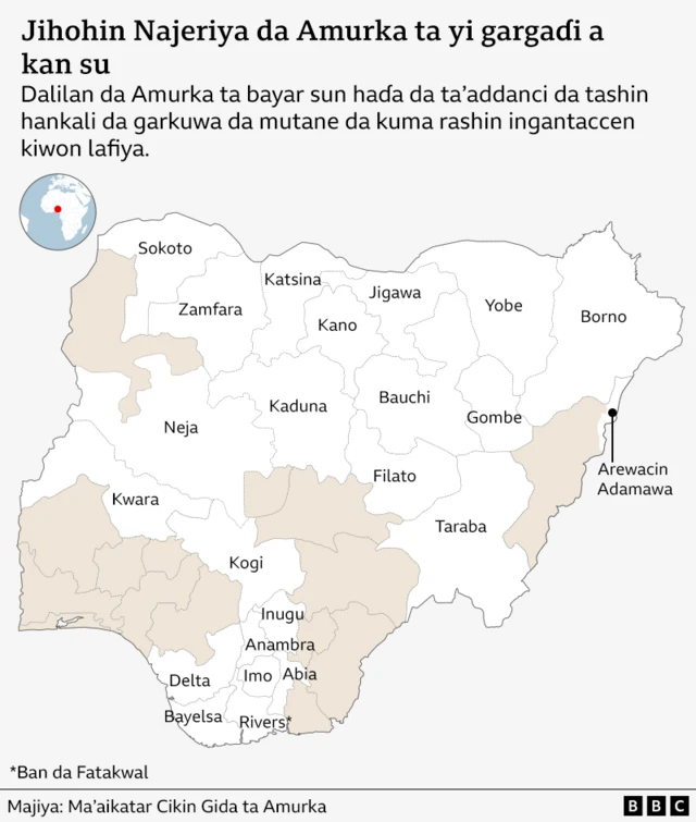 Taswirar Najeriya da ke nuna jihohin da Amurka ta yi gargaɗi a kan su