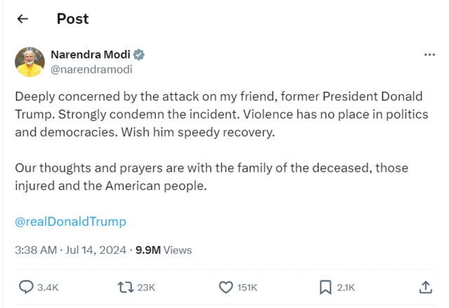India PM condemn assasination attempt on Trump