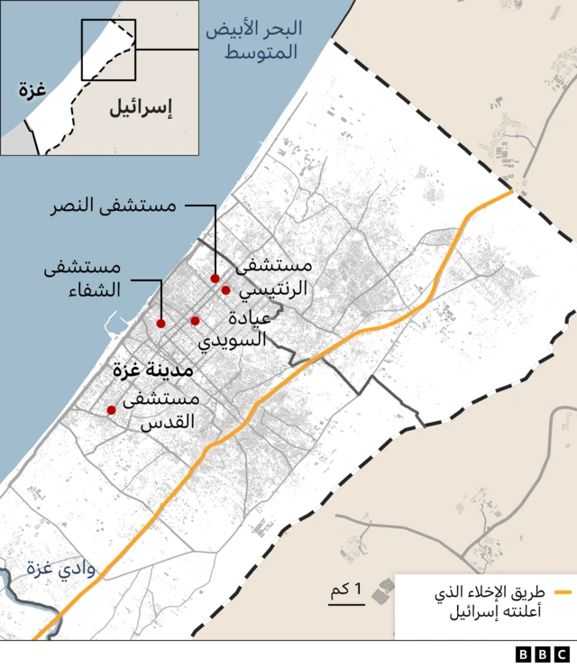 خريطة تبين مواقع المستشفيات في قطاع غزة