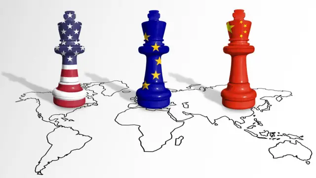 中美欧的棋子在全球版图上