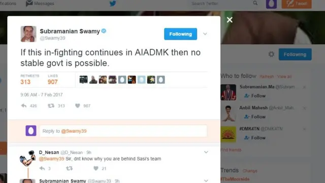 சுப்பிரமணியன் சுவாமியின் ட்விட்டர் செய்தி