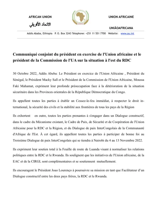 Capture d'écran communiqué Union africaine