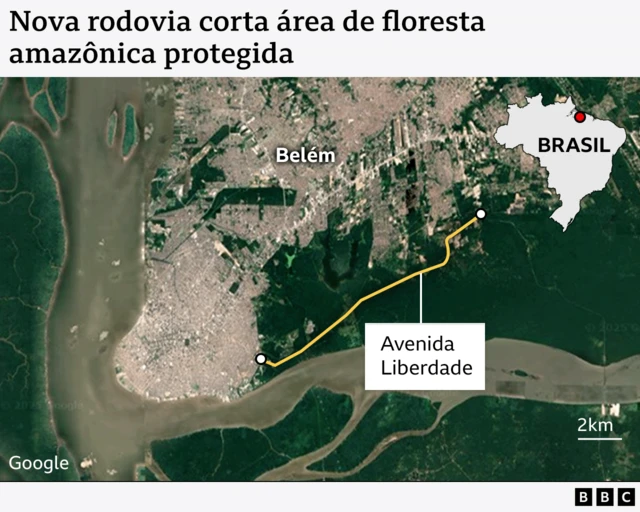 Mapa mostra localização da nova rodovia, com inserção mostrando onde fica Belém no Brasil