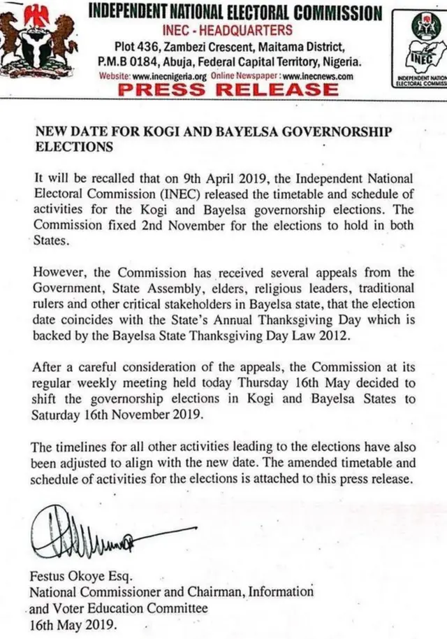 Ozi ndị Inec zitere gbasara nweghachị ụbọchị ntuliaka