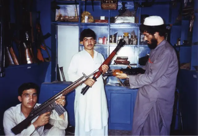 Members of the Mujahideen holding guns in Afghanistan in 1988