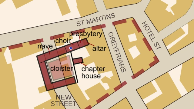 Карта Лестера с обозначением могилы Ричарда III
