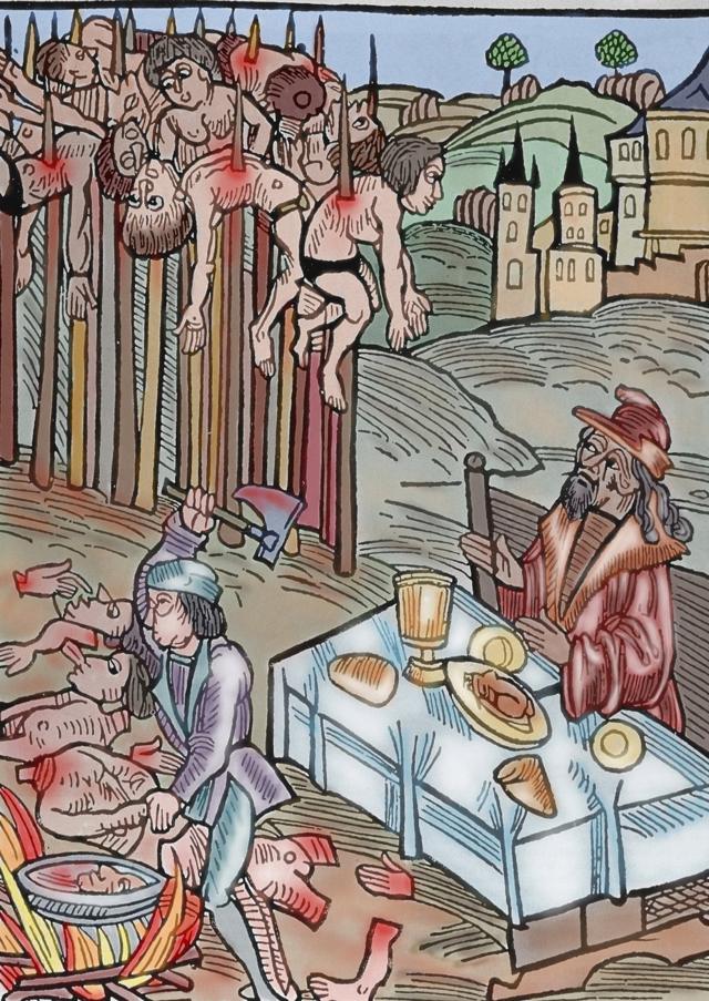 Vlad, o Empalador almoçando enquanto observava suas vítimas, em uma gravura germânica de 1560