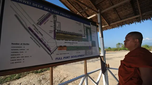 ထားဝယ် ရေနက် ဆိပ်ကမ်း ပြမြေပုံကို သံဃာတပါး ကြည့်ရှုနေစဉ်