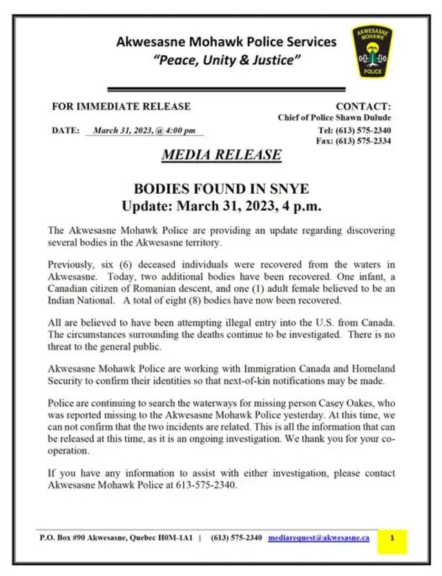 Akwesasne Mohawk Police Service Press Release