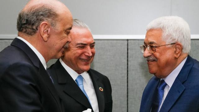 Serra e Temer na ONU, ao lado do presidente da Autoridade Palestina, Mahmoud Abbas