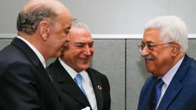 Serra e Temer na ONU, ao lado do presidente da Autoridade Palestina, Mahmoud Abbas
