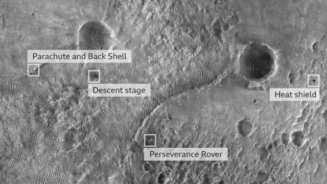 A primeira imagem da Perseverance na superfície foi tirada da câmera High Resolution Imaging Experiment a bordo do Mars Reconnaissance Orbiter da Nasa