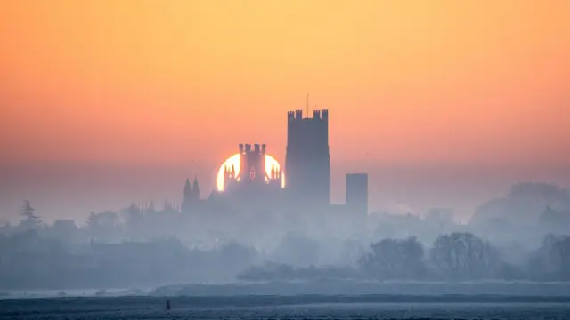 Sunrise over Ely Cathedral in Cambridgeshire, after the coldest night of the year